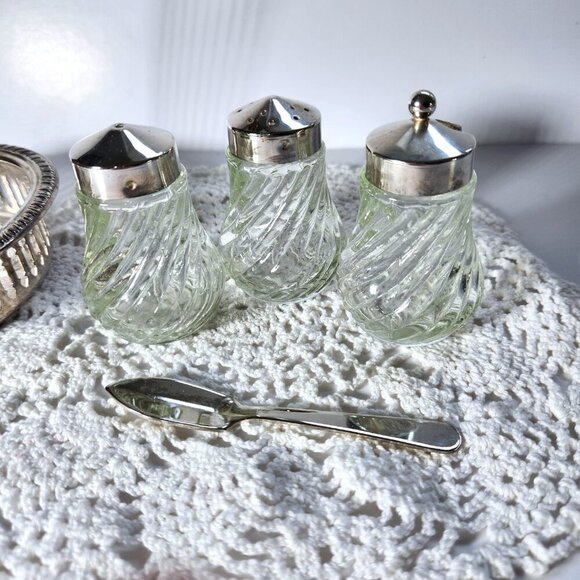 Glass Condiment Salt Pepper Sugar Set in Caddy Holder Glass Jars Sugar Scoop - Picture 13 of 14
